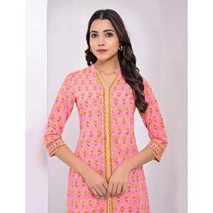 Kurti Rosa de Algodón con Estampado de Bloques, Vestido Indio de Estilo Pakistaní, Incluye Lehenga Choli Salwar Saree, Todo Cosido, Listo para Usar - Product Image 5