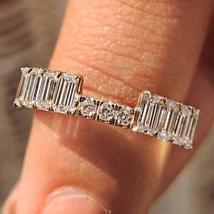 Half Eternity Emerald Cut Channel Set Diamond Stackable Wedding Band VS Clarity EF Color Geometric Pattern Rhodium Plated Gift - Product Image 1