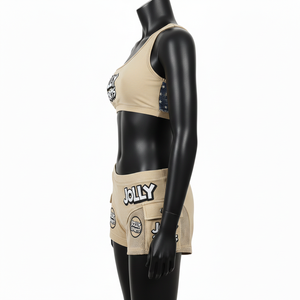 Conjunto de Bikini Premium para Mujer, 220 GSM, Poliéster Elástico, Spandex, Beige Arena, Paneles de Malla con Bolsillos, Logotipo Aplicado - Product Image 3