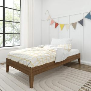 Cadre de lit double à plateforme de conception moderne et traditionnelle pour enfants, en bois de pin massif, lattes en bois robustes, finition noyer mat non toxique, TNT - Product Image 3