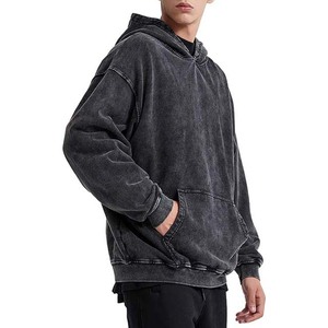 Men's Oversized Acid Wash Hoodie Vintage <b>French</b> Terry Cotton Fleece Sweatshirt Embroidered Logo Pullover Streetwear for Winter - Product Image 3