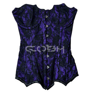 Purple Satin Corset with <b>Black</b> <b>Lace</b> Overlay Gothic Bustier <b>Top</b> for Fashion & Party Wear - Product Image 1