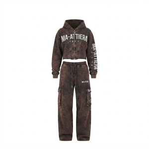 Custom Women Acid Wash Brown <b>Cropped</b> Zip Hoodie Cargo <b>Jogger</b> Set Cotton Fleece Streetwear Tracksuit OEM Wholesale - Product Image 4