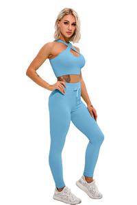 Conjunto de gimnasio sin costuras para mujer, Top corto elástico alto para Fitness y pantalones de Yoga, logotipo personalizado en la cintura, ropa de entrenamiento de longitud corta - Product Image 4