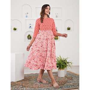 Robe en coton imprimé rose à taille élastique, style chinois élégant pour femme de bureau, gothique avec fentes, longueur ras du sol, taille 5XL, ODM - Product Image 3