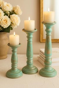 Bougeoirs rustiques en bois, patine turquoise, décoration de ferme, vintage, aspect vieilli, socle bleu sarcelle, accessoire de décoration intérieure, lot de 3 - Product Image 6