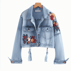 Vestes en jean pour femmes en gros Belle broderie florale Toutes les techniques imprimées en coton respirant pour les saisons d'automne et d'hiver - Product Image 4