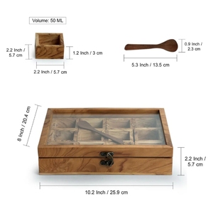 Medley of Masalas 12 Container Modern Design Dust Resistant Brown Teak Wood <b>Spice</b> Box with Spoon - Product Image 2