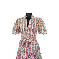Robe midi Kangura confortable pour femmes, 100% coton, motif floral, dentelle, manches longues, imprimé numérique, coupe trapèze, pour les fêtes