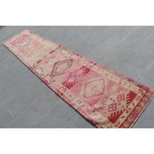 Vintage Turkish <b>Runner</b> Rug 2.4x11.3 ft, <b>Red</b> Pink Plants & trees Wool Rug - Product Image 2