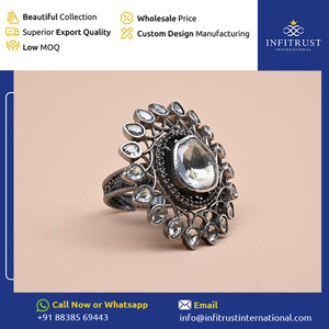 India Origin Supplier Selling 925 Sterling Silver Handcrafted Oxidised Floral Shaped Moissanite <b>Rings</b> with <b>CZ</b> Stone in Centre - Product Image 2