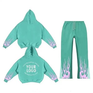 2024 Conjunto de chándal de lana con logotipo personalizado 100% Chándal de algodón para hombres Streetwear Pantalones de chándal acampanados Sudadera con capucha para el invierno - Product Image 5