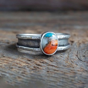 Spiny Oyster Copper <b>Turquoise</b> 6x8mm Oval Eternity Vermeil <b>Ring</b> Genuine 925 Sterling Silver Good for Women As Party Gift - Product Image 1