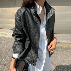Korean Simple Single Breasted <b>Leather</b> Jacket Women Fashion Stand Collar Loose Casual Genuine <b>Leather</b> Locomotive <b>Coat</b> Outerwear - Product Image 5