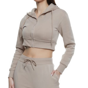 100% coton 2 pièces fermeture éclair femmes Biker Shorts ensembles manches longues deux pièces Logo personnalisé coton vêtements de salon décontracté haut court ensemble - Product Image 1