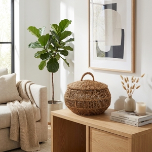 Panier rond en jonc de mer et jacinthe d'eau tressé à la main avec couvercle, organiseur de rangement, pot décoratif, décoration artistique pure pour la conception d'intérieur - Product Image 6