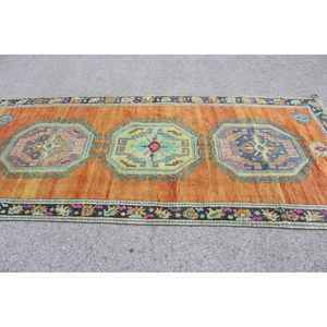 Tapis turc vintage, grand tapis de 4,8 x 10,3 pieds, tapis en laine rayé orange et bleu - Product Image 3