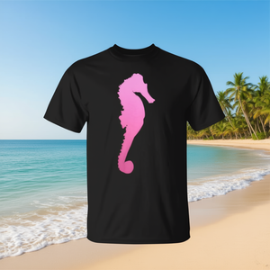 Camiseta Unisex de Manga Corta con Cuello Redondo y Estampado de Serigrafía de Caballito de Mar Rosa Vintage, para Vacaciones en la Playa, con Diseño de Animal Marino - Product Image 3