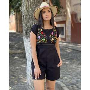 Combinaison courte en coton noir brodé pour femmes, broderie florale ethnique, manches courtes, combinaison d'été - Product Image 1