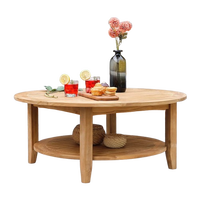 Table basse ronde en teck pour l'extérieur, table centrale en bois avec étagère inférieure, mobilier de salon moderne et minimaliste