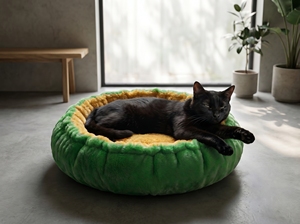 Cama Redonda Premium para Gatos Amistar ForestGold XL – Peluche Sintético Verde Brillante e Interior Dorado Cálido, 102 cm - Product Image 3