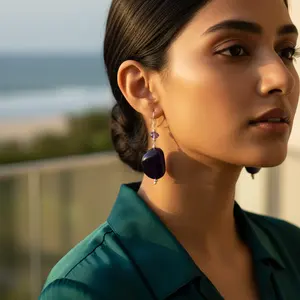 Boucles d'oreilles pendantes vintage en argent 925 avec améthyste, pierre naturelle, plaqué or 18 carats, or rose, bijoux pour mariages et fêtes - Product Image 1