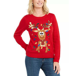 Pull pour femme Karen Scott, style rétro, à sequins, motif rennes emmêlés, respirant, rouge vif, taille L, pour usage décontracté en hiver, devant - Product Image 1