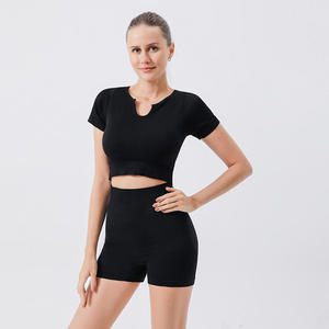 Conjunto corto de Yoga sin costuras de verano, chaleco pequeño con cuello en V de alta elasticidad, traje deportivo de manga corta, ropa de gimnasio de 2 piezas, transpirable, sólido - Product Image 5