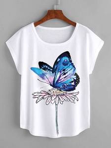 เสื้อยืดผ้าฝ้ายพิมพ์ลายดอกไม้ & ผีเสื้อสำหรับผู้หญิงเสื้อยืดโอเวอร์ไซส์ - Product Image 5