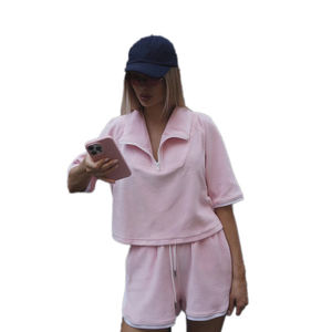 Nouvel ensemble décontracté en tricot 100 % coton respirant sans col pour femme, composé d'un haut court à demi-zip et d'un short élastique – Tenue d'été - Product Image 2