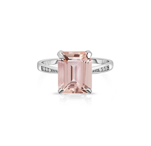 Women's 925 <b>Silver</b> Morganite <b>Ring</b> <b>Emerald</b> Cut Prong Setting Pave Diamond Band Classic Gemstone Engagement <b>Ring</b> - Product Image 1
