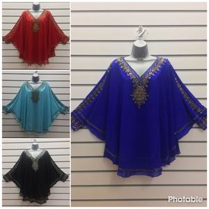 Nouveau haut kaftan en géorgette à sequins et perles de style rétro vintage pour femmes, col en V court, soirée, broderie, grande taille, club, vacances - Product Image 6