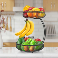 Panier à fruits et légumes à 2 niveaux en fer avec porte-bananes, noir, 64 onces