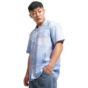Wholesale Top Quality Light Blue Printed Men's Casual Shirt Short Sleeve Button Up Turn-Down Collar Boxy Fit Summer Weary - Product Image 3