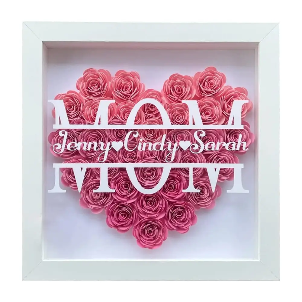 Mom Dried Flower Shadow Box with Custom Heart Shaped Name Picture Frame Display for Mother's Valentine's Day