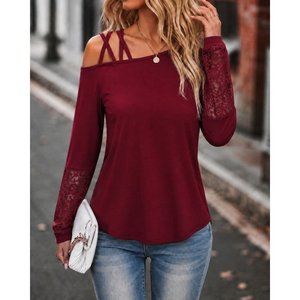 Blusa de viscosa de manga larga con un solo hombro y detalle de rayas cruzadas para mujer, 37717 - Borgoña - Product Image 2