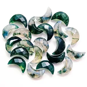 AAA Moss Agate Faceted Crescent Moon Shape Gemstone Jewelry Making 12mm, Loose Hand Carved Moss Agate Carving Moons Briolette