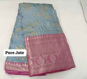 Pure Jute Fabric Premium Pure Jute <b>Silk</b> Saree inRed ContrastPurple Zari BorderAll-Over Floral Buttis Designer <b>Red</b> PureJute Saree - Product Image 4