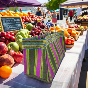 Handloom Woven Recycled Plastic Striped Design Reusable <b>Nylon</b> Market <b>Bag</b> Fashionable Indian Style <b>Zipper</b> Closure Metal Handle - Product Image 3