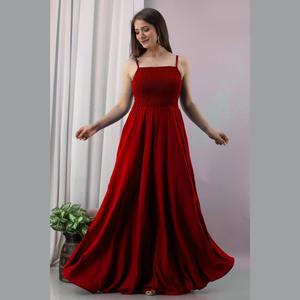 Empire Waist Red Chiffon A-Line Shirred Gown Dress - Product Image 1