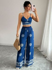 Conjunto de 2 Piezas de Verano para Mujer, Top Corto sin Mangas con Bordado y Pantalones, 100% Algodón - Product Image 2