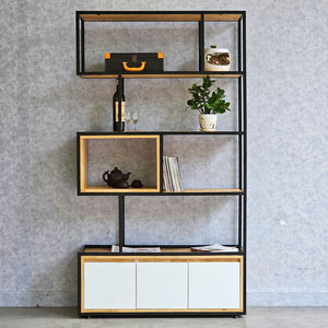 KTB68155 Standing Type Decorative Shelf with Drawers 100x35x180cm Rubber Wood and Iron Frame for Living Room - Product Image 3