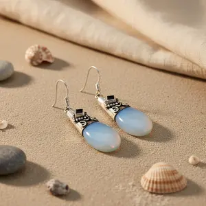Boucles d'oreilles pendantes en argent sterling 925 avec opale bleue, diamant, améthyste, grenat, perle, bijoux tendance pour les mariages et les fêtes des femmes - Product Image 2