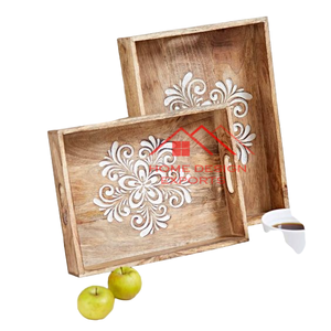 Plateau de service en bois sculpté à la main en incrustation d'os noir et blanc - Product Image 5