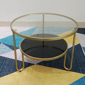 SFBT010-Modern 2-Tier Round <b>Sofa</b> <b>Table</b> with Tempered Glass Top and Brass Frame - Product Image 1