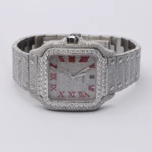 Fully Iced Out Moissanite Watch With Red Roman Numerals / Sleek Single Tone Timepiece For The Wrist Watch