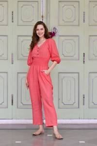 Wholesale Women Summer V-Neck Linen Floor-Length Jumpsuit Natural Waist Long Sleeve Plus Size Clothing At Low Price - Product Image 2