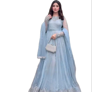 Vestido Anarkali largo hasta el suelo de tela de georgette sintética color azul cielo, especial para fiestas de cumpleaños, en tallas grandes, a precio de mayoreo. - Product Image 1