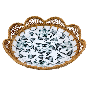Handmade Scallop Edge Ceramic Plate with Lotus Floral Pattern Rattan Woven <b>Frame</b> for Party Decorative Serving Dish Home Decor - Product Image 1
