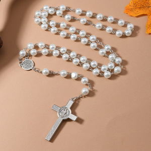 Superbe collier chapelet de perles de verre de 8mm avec pendentif croix Bijoux élégants inspirés de la foi pour la <span class=keywords><strong>connexion</strong></span> <span class=keywords><strong>spirituelle</strong></span> - Product Image 1